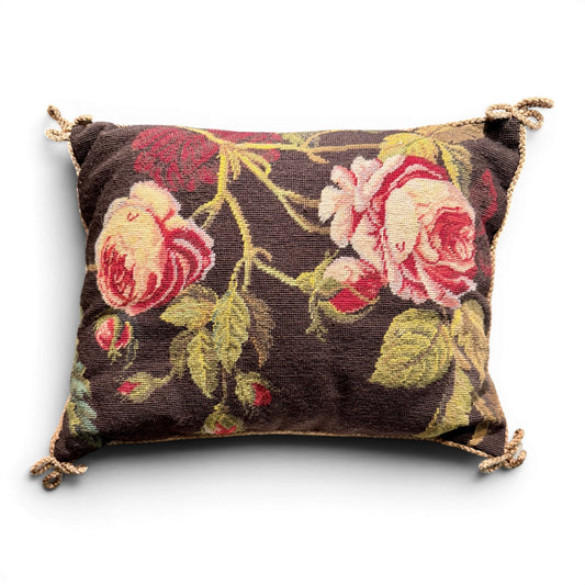 Vintage Aubusson Style Pink Rose Needlepoint Lumbar Pillow | Chocolate Brown Floral Wool Pillow