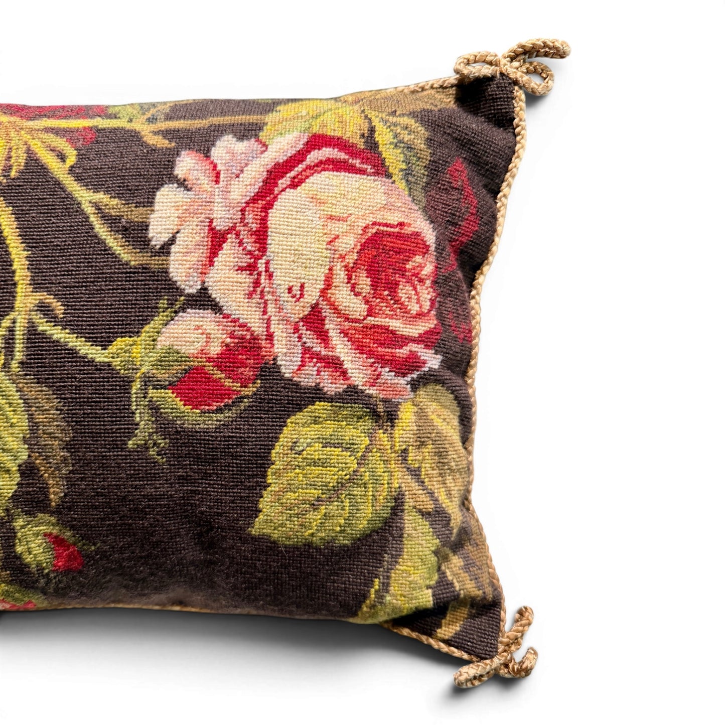 Vintage Aubusson Style Pink Rose Needlepoint Lumbar Pillow | Chocolate Brown Floral Wool Pillow