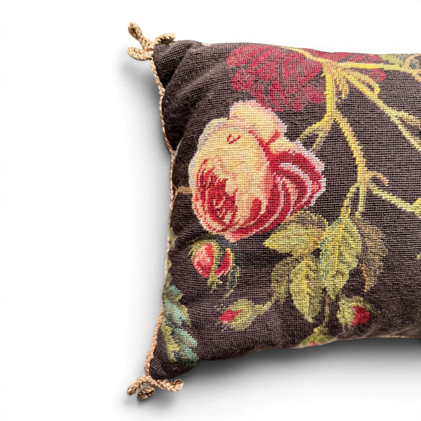 Vintage Aubusson Style Pink Rose Needlepoint Lumbar Pillow | Chocolate Brown Floral Wool Pillow