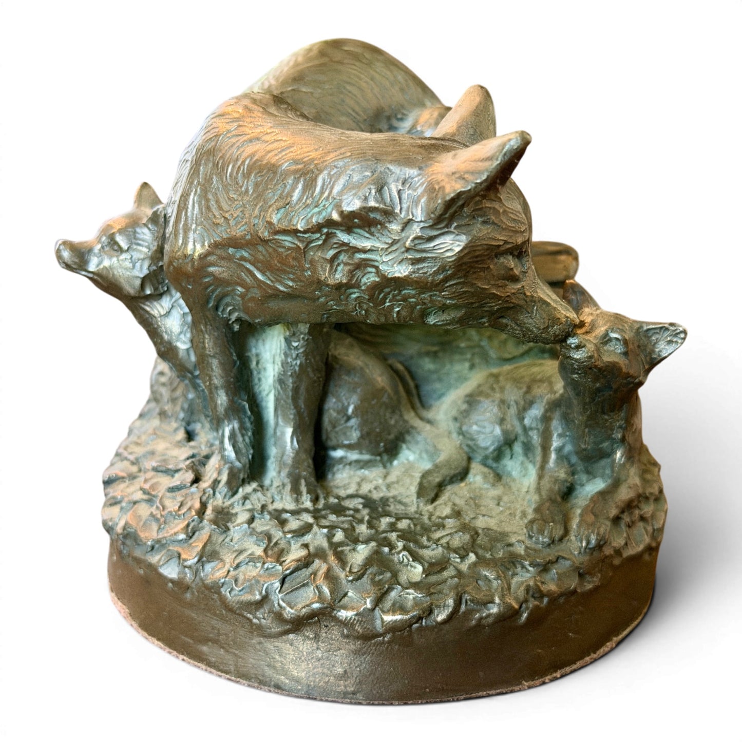 Vintage Solid Bronze Fox & Cub Sculpture from Ireland
