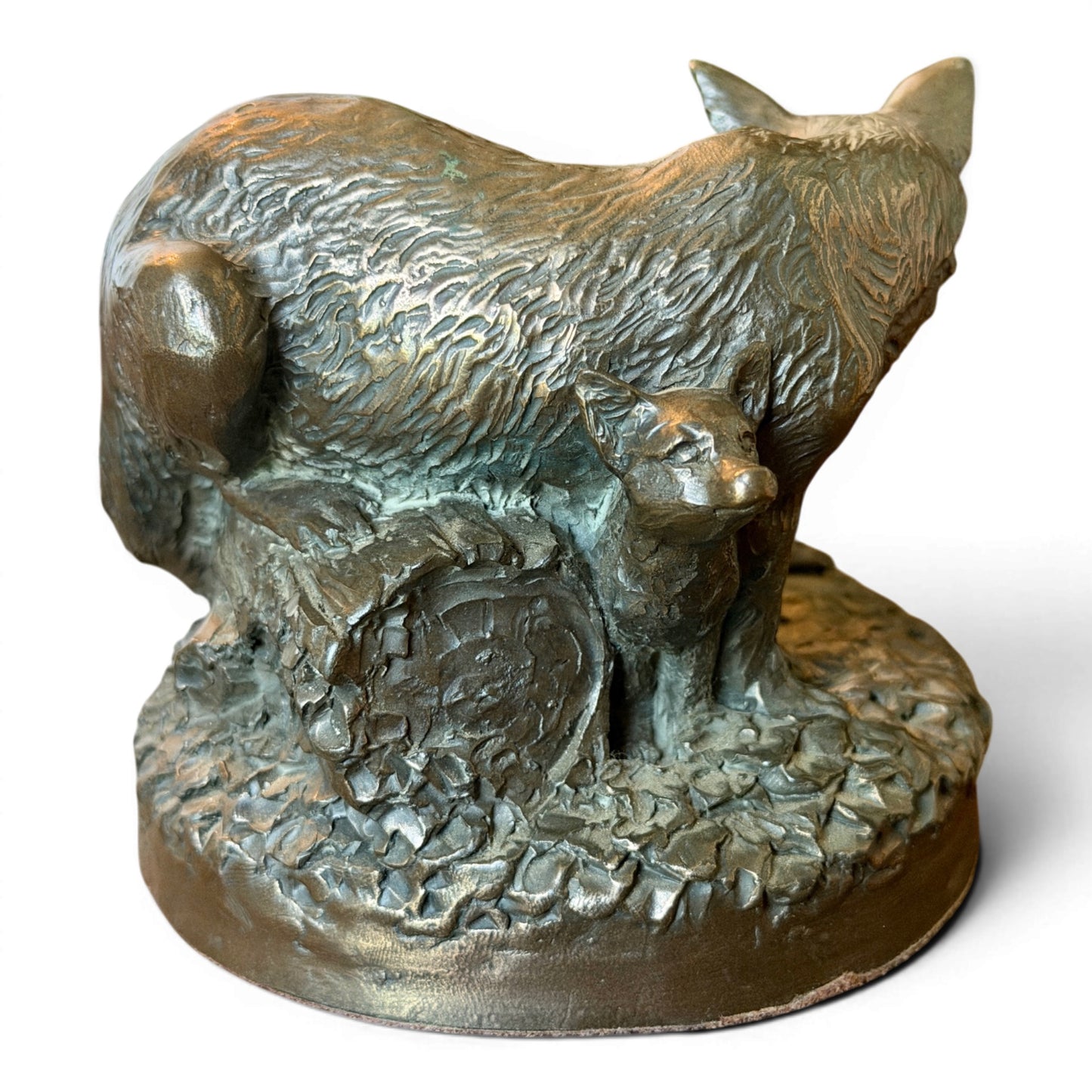 Vintage Solid Bronze Fox & Cub Sculpture from Ireland
