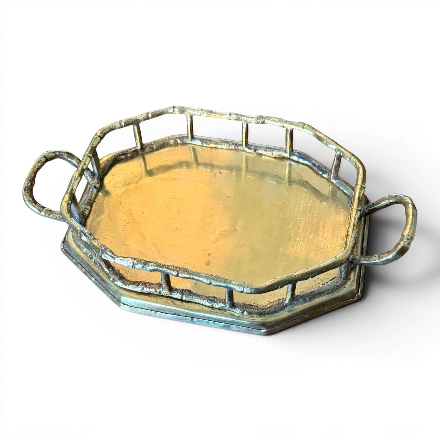 Antique Brass Bamboo Gallery Tray with Handles | Small Hollywood Regency Brass Catchall