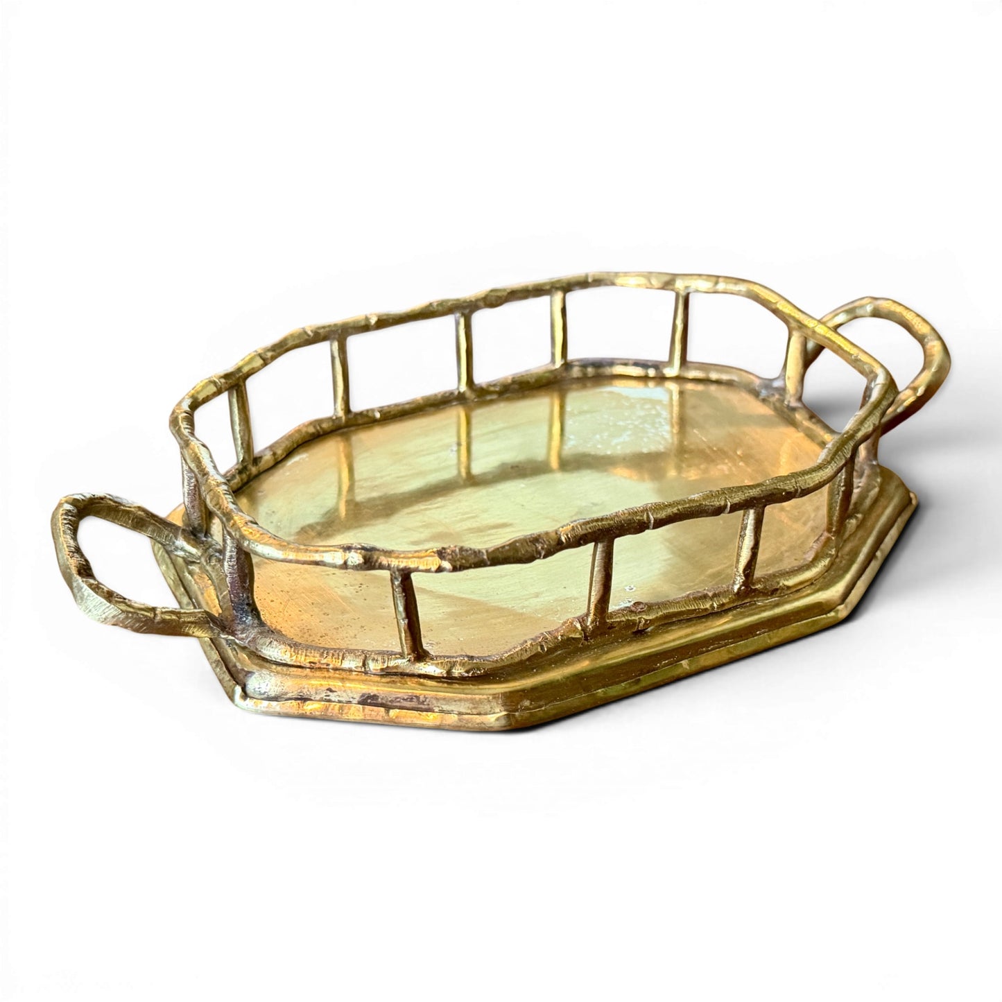 Antique Brass Bamboo Gallery Tray with Handles | Small Hollywood Regency Brass Catchall