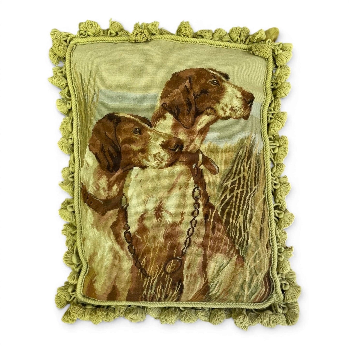 Vintage Handmade Needlepoint Pointer Dog Pillow | 15x20 Field Dog Hunting Pillow with Velvet Backing