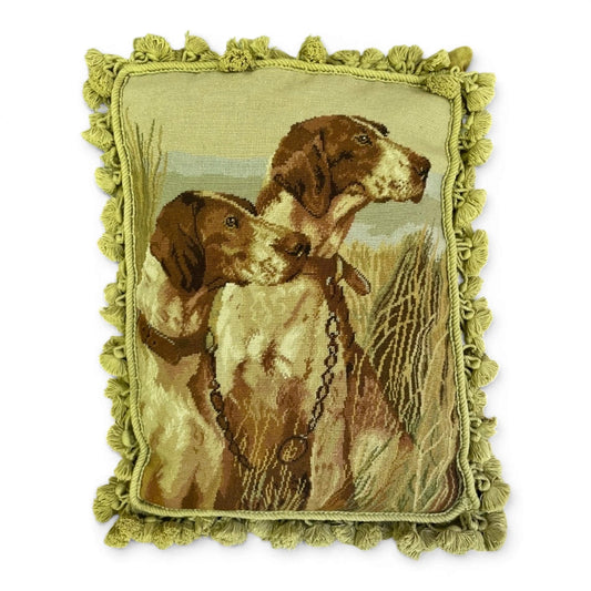 Vintage Handmade Needlepoint Pointer Dog Pillow | 15x20 Field Dog Hunting Pillow with Velvet Backing