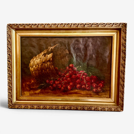 Antique Signed Still Life Original Oil Painting of Cherries in Wicker Basket - Original Gilt Frame