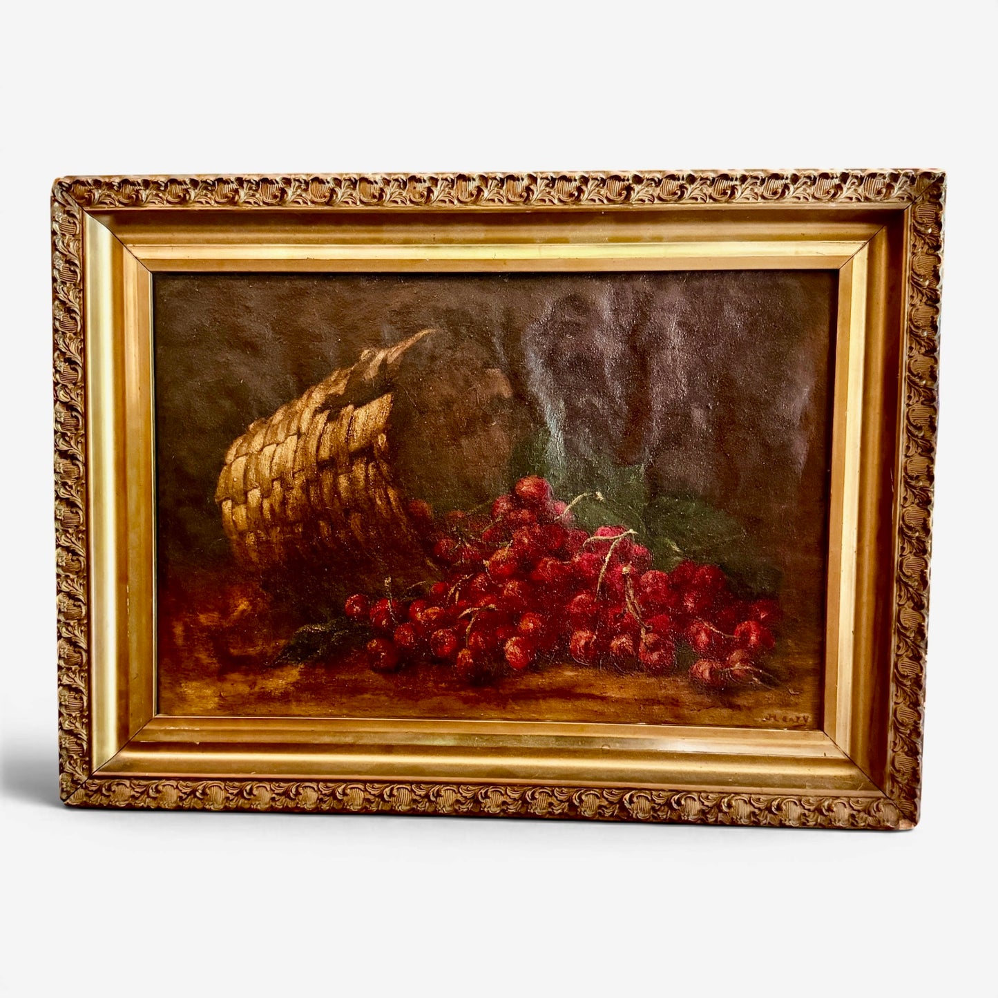 Antique Signed Still Life Original Oil Painting of Cherries in Wicker Basket - Original Gilt Frame