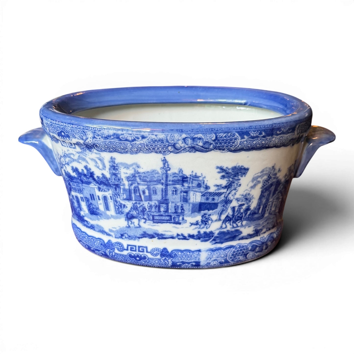 Antique Blue & White Transferware Foot Bath Planter | Small English-Style Ironstone Cachepot