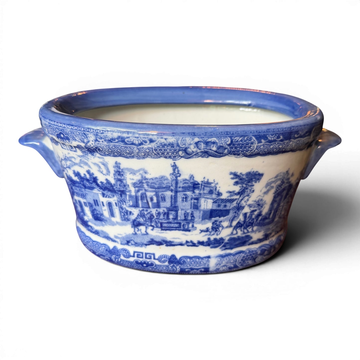 Antique Blue & White Transferware Foot Bath Planter | Small English-Style Ironstone Cachepot