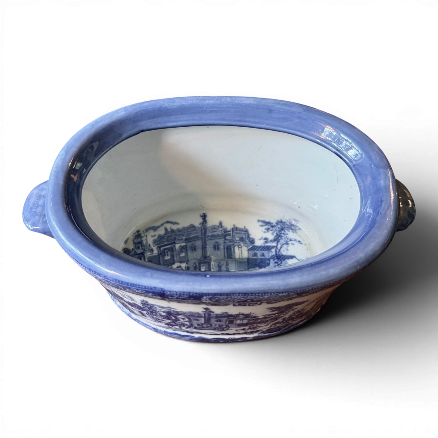 Antique Blue & White Transferware Foot Bath Planter | Small English-Style Ironstone Cachepot