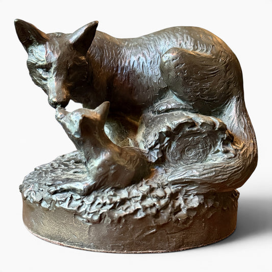 Vintage Solid Bronze Fox & Cub Sculpture from Ireland