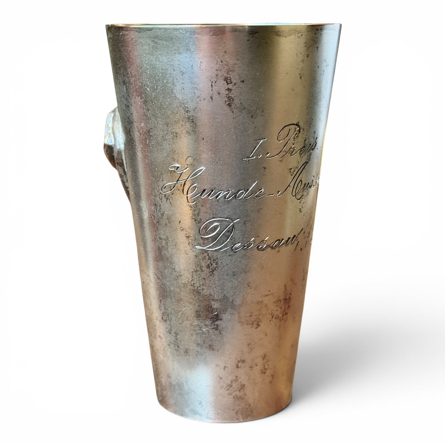 Antique German 1904 First Prize Dog Show Silver Trophy Cup with Raised Dog Head