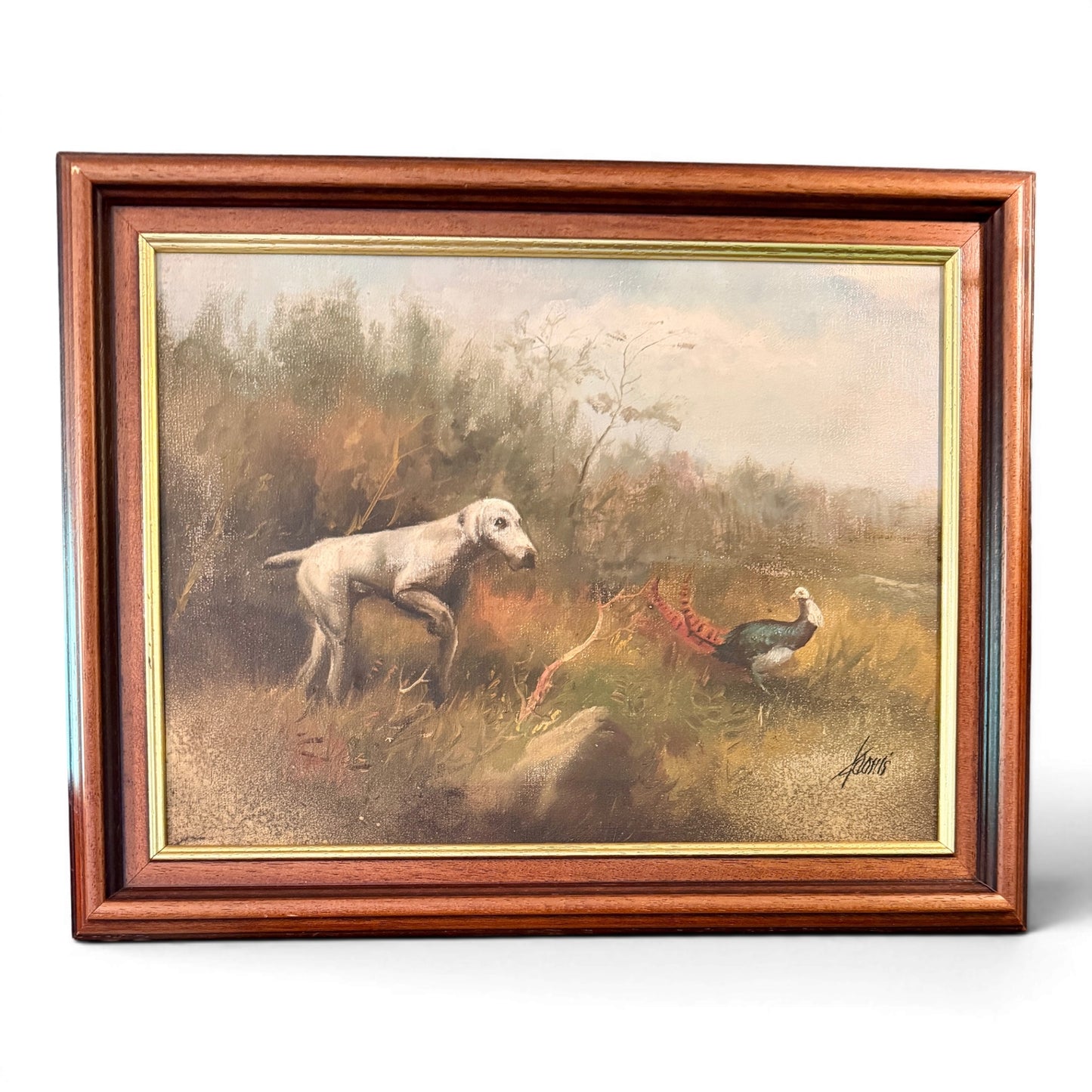 Antique Original Oil Painting of Weimaraner & Pheasant - Signed