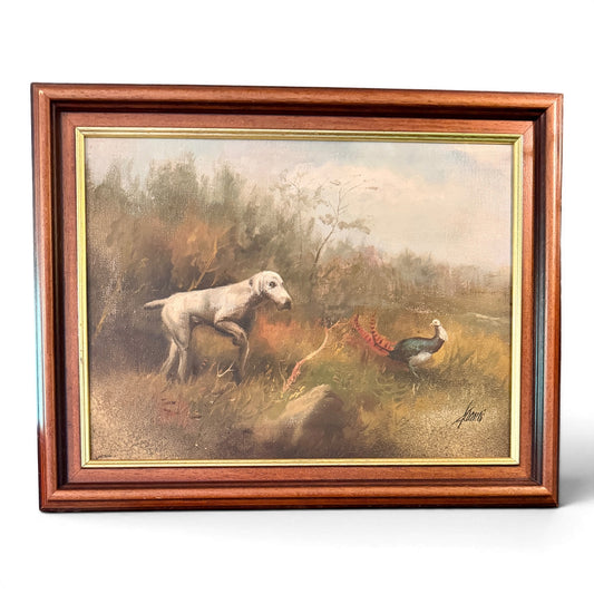 Antique Original Oil Painting of Weimaraner & Pheasant - Signed
