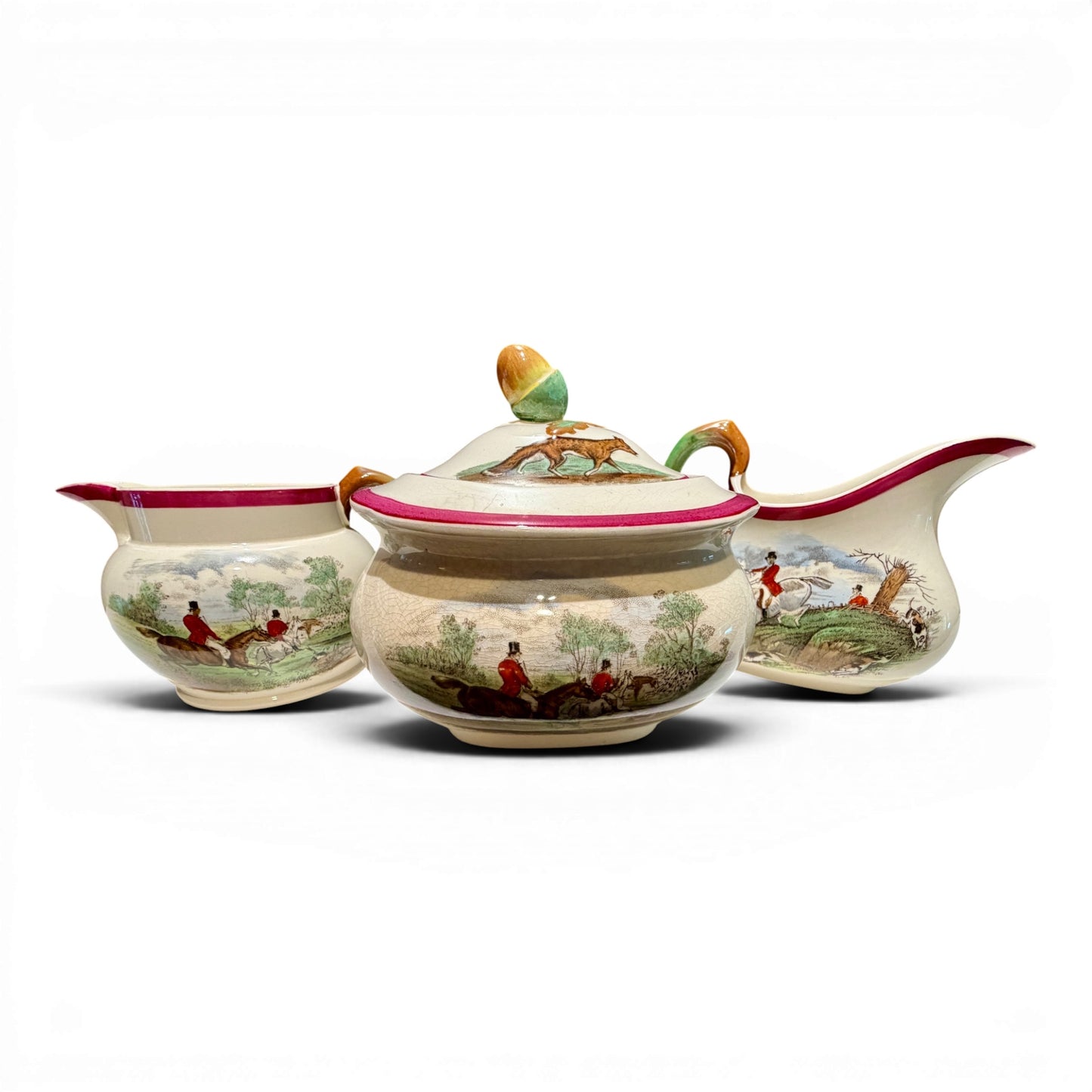 Vintage Copeland Spode English Fox Hunting Cream, Milk, & Sugar Set