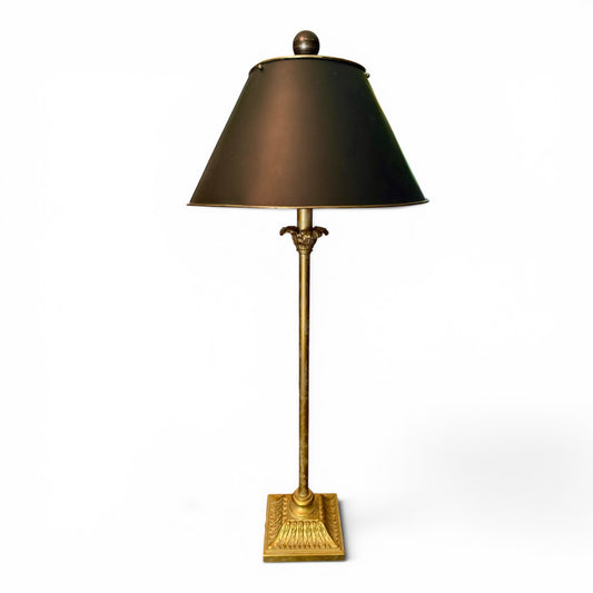 Vintage Neoclassical Brass Buffet Lamp with Black Tole Metal Shade & Gilt Interior
