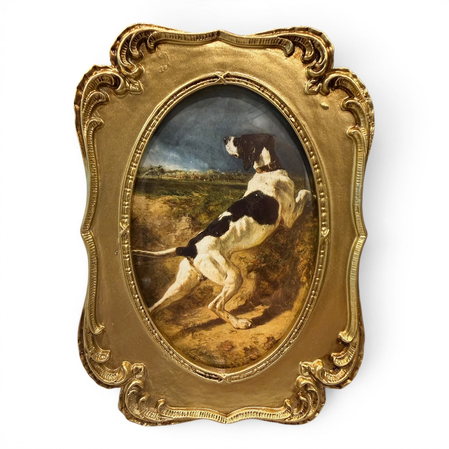 Framed Constant Troyon “Hound Pointing” Dog Print in Ornate Gilt Frame