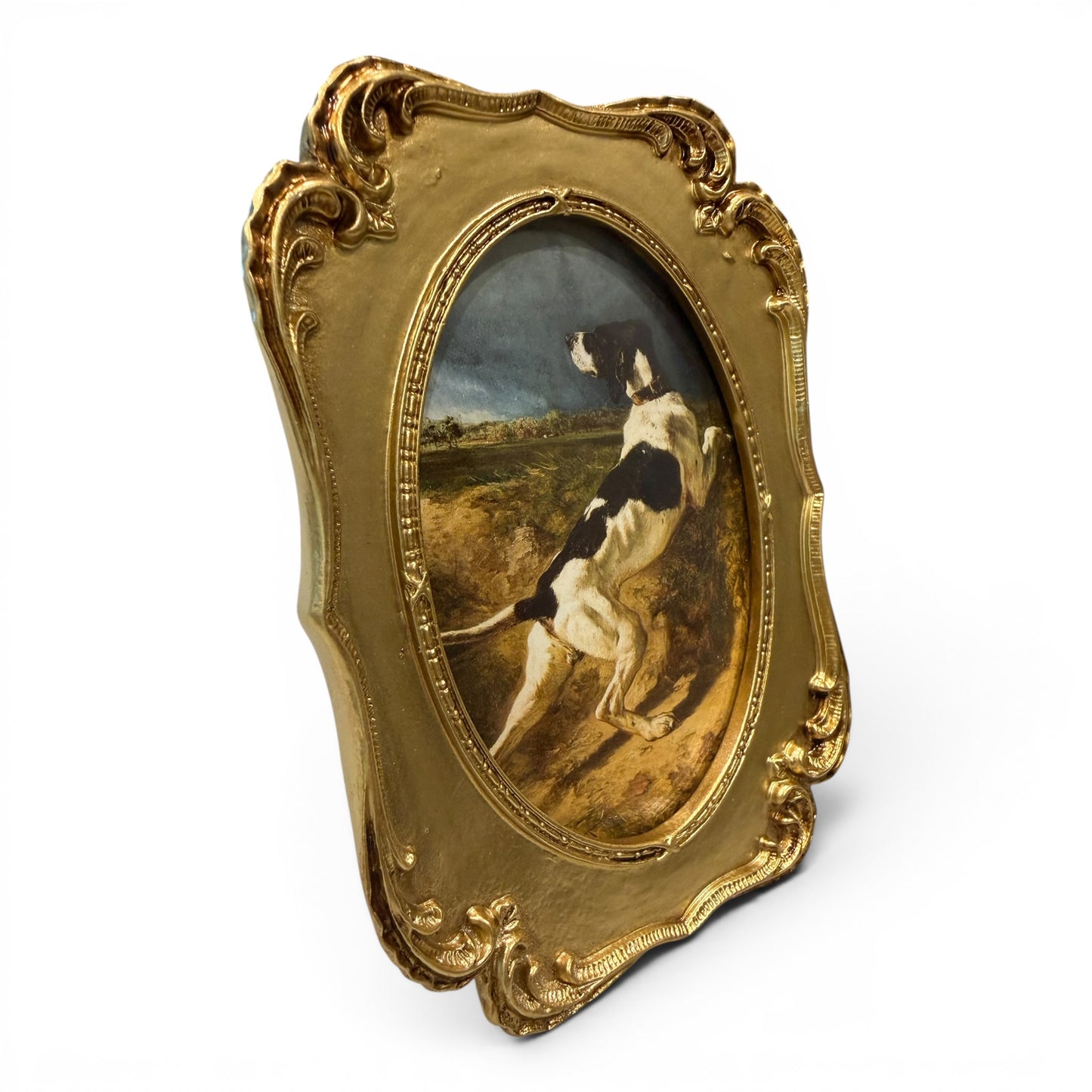 Framed Constant Troyon “Hound Pointing” Dog Print in Ornate Gilt Frame