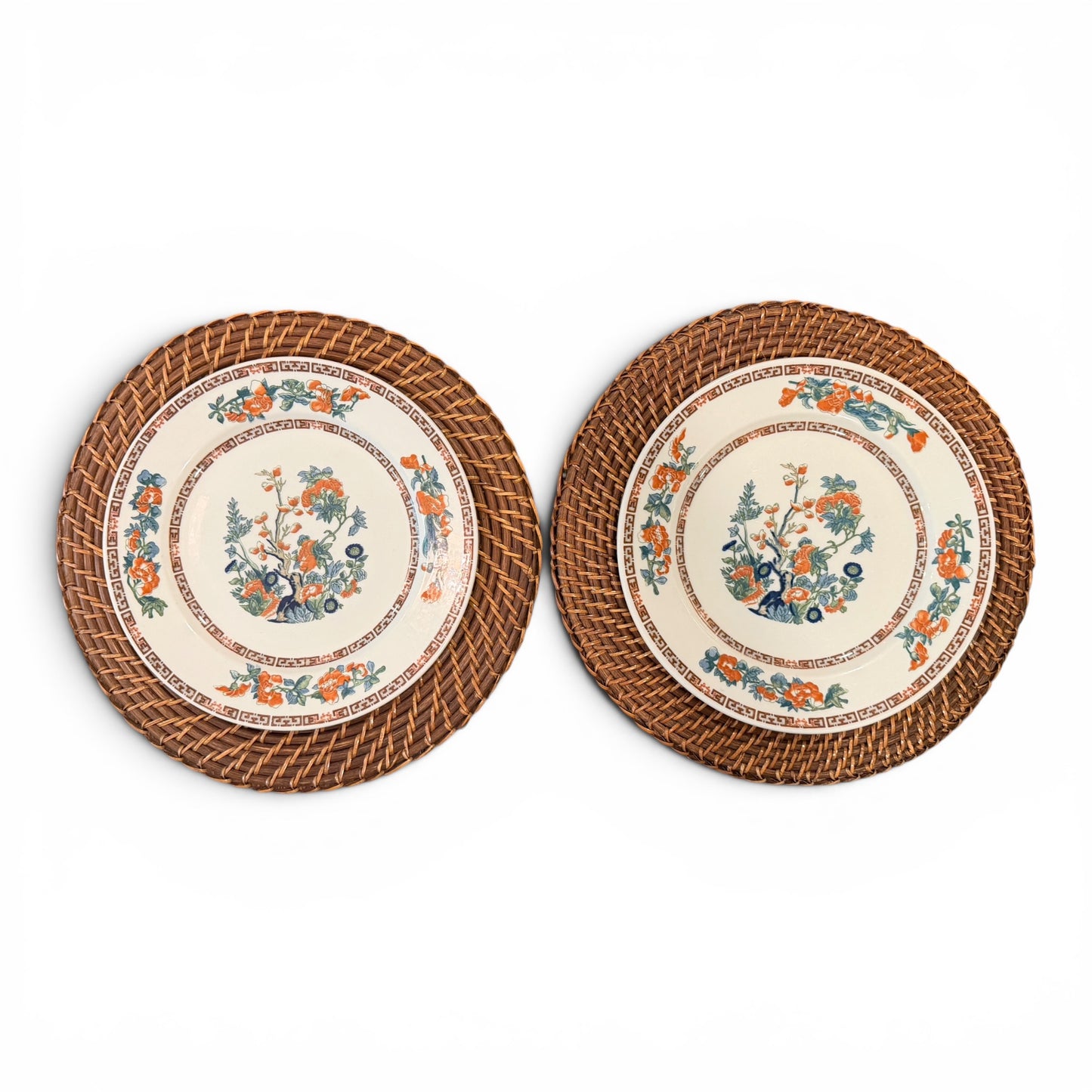 Vintage Warwick Floral Place Settings with Woven Rattan Chargers - Set for 2
