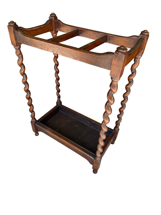 Antique English Oak Barley Twist Umbrella Stand with Metal Tray
