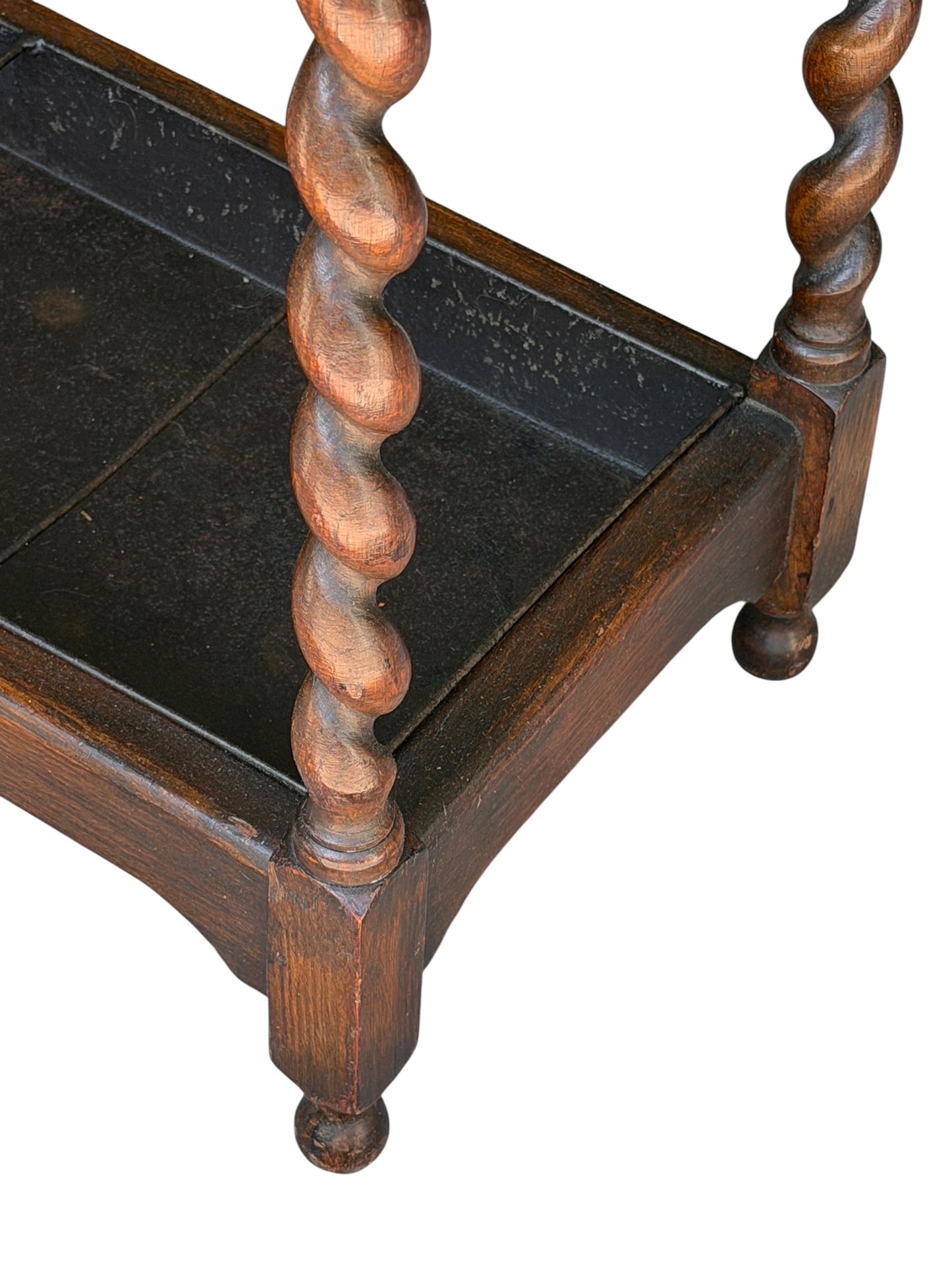 Antique English Oak Barley Twist Umbrella Stand with Metal Tray