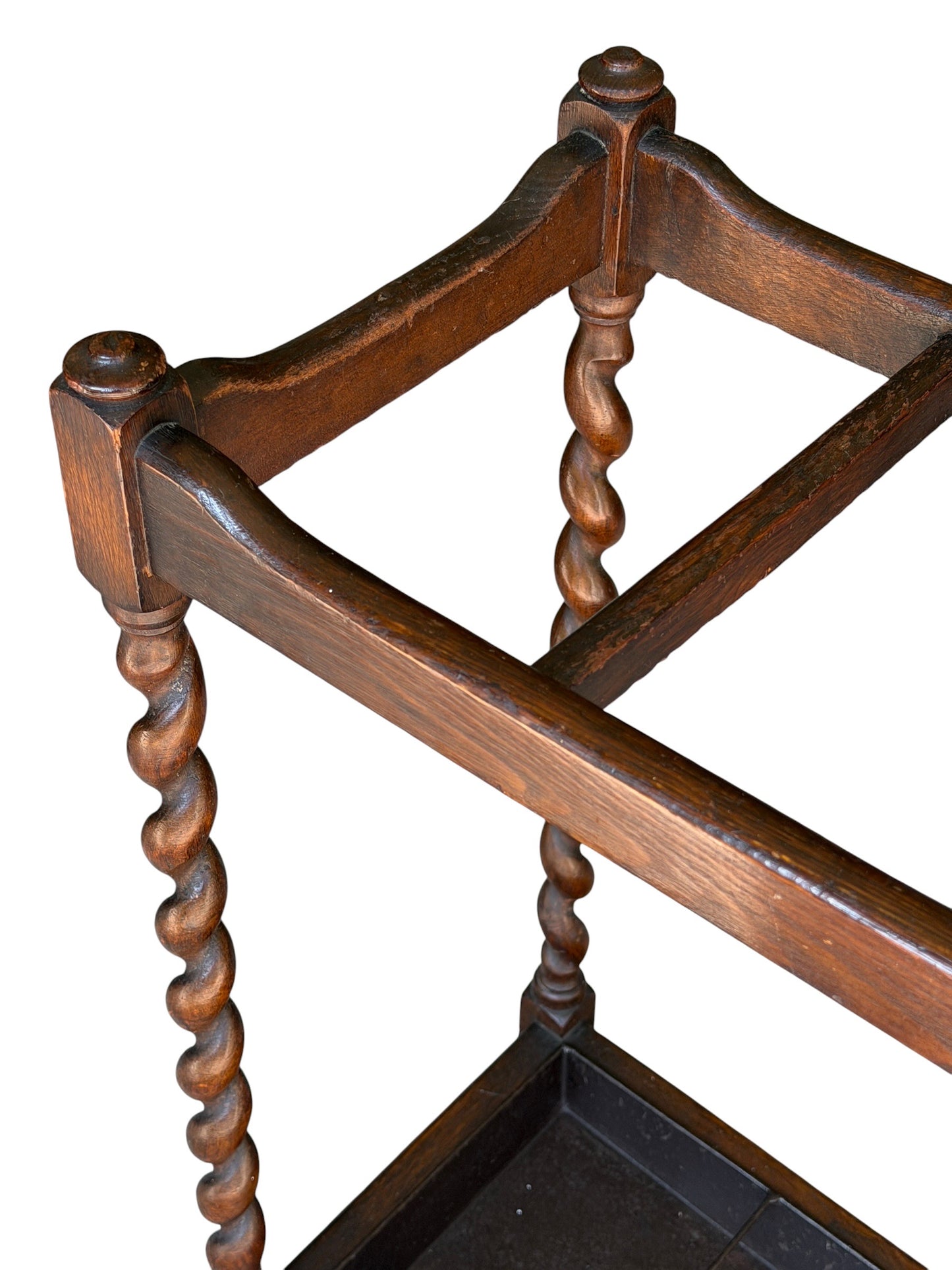 Antique English Oak Barley Twist Umbrella Stand with Metal Tray