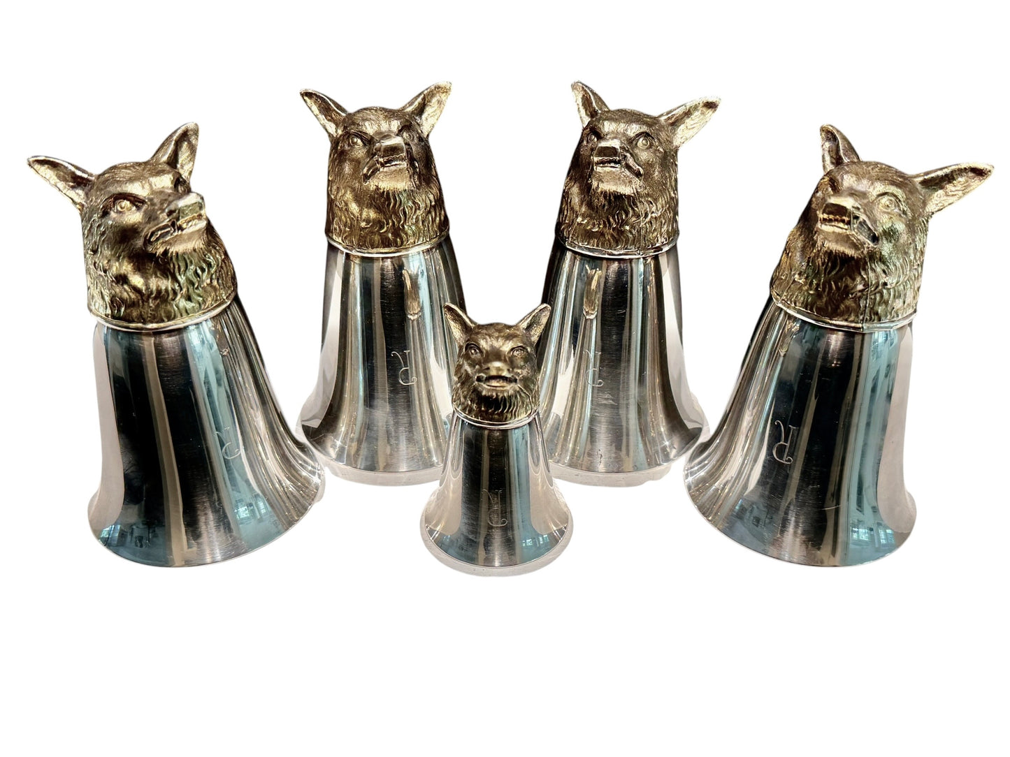 Vintage Set of 5 Silver Fox Head Stirrup Cups & Jigger from Historic Raizman Polo Estate