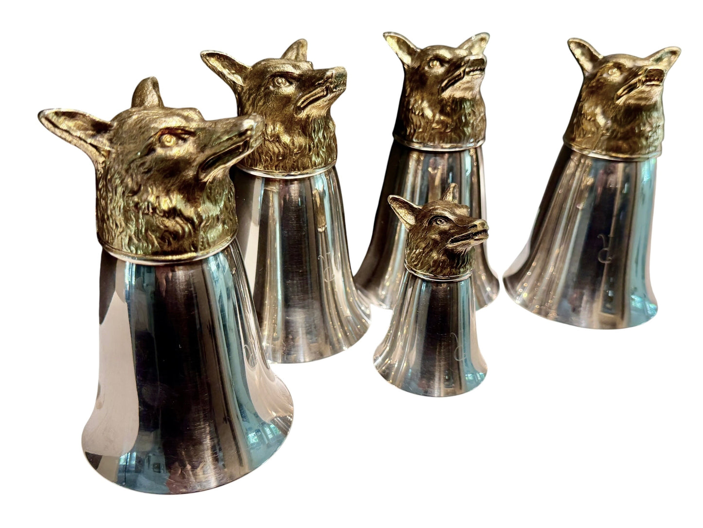 Vintage Set of 5 Silver Fox Head Stirrup Cups & Jigger from Historic Raizman Polo Estate