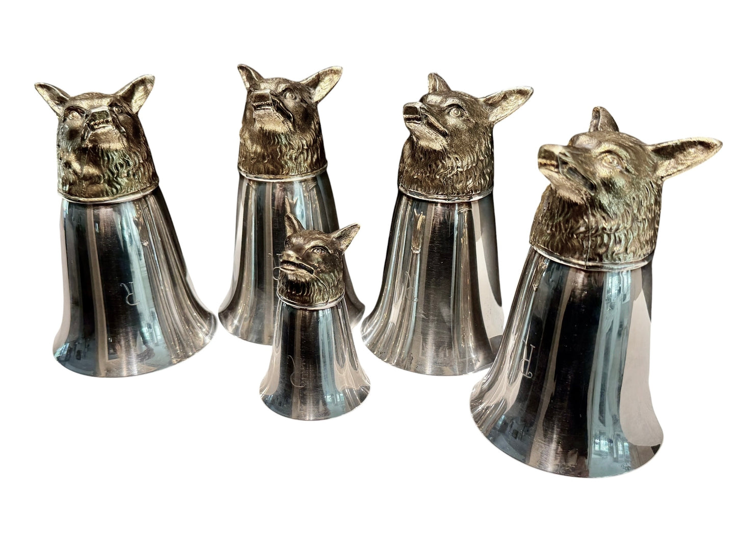 Vintage Set of 5 Silver Fox Head Stirrup Cups & Jigger from Historic Raizman Polo Estate