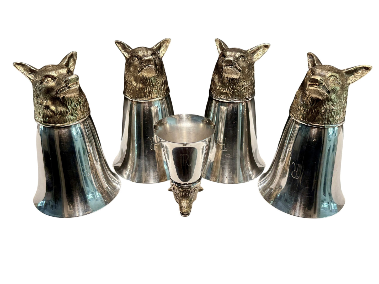 Vintage Set of 5 Silver Fox Head Stirrup Cups & Jigger from Historic Raizman Polo Estate