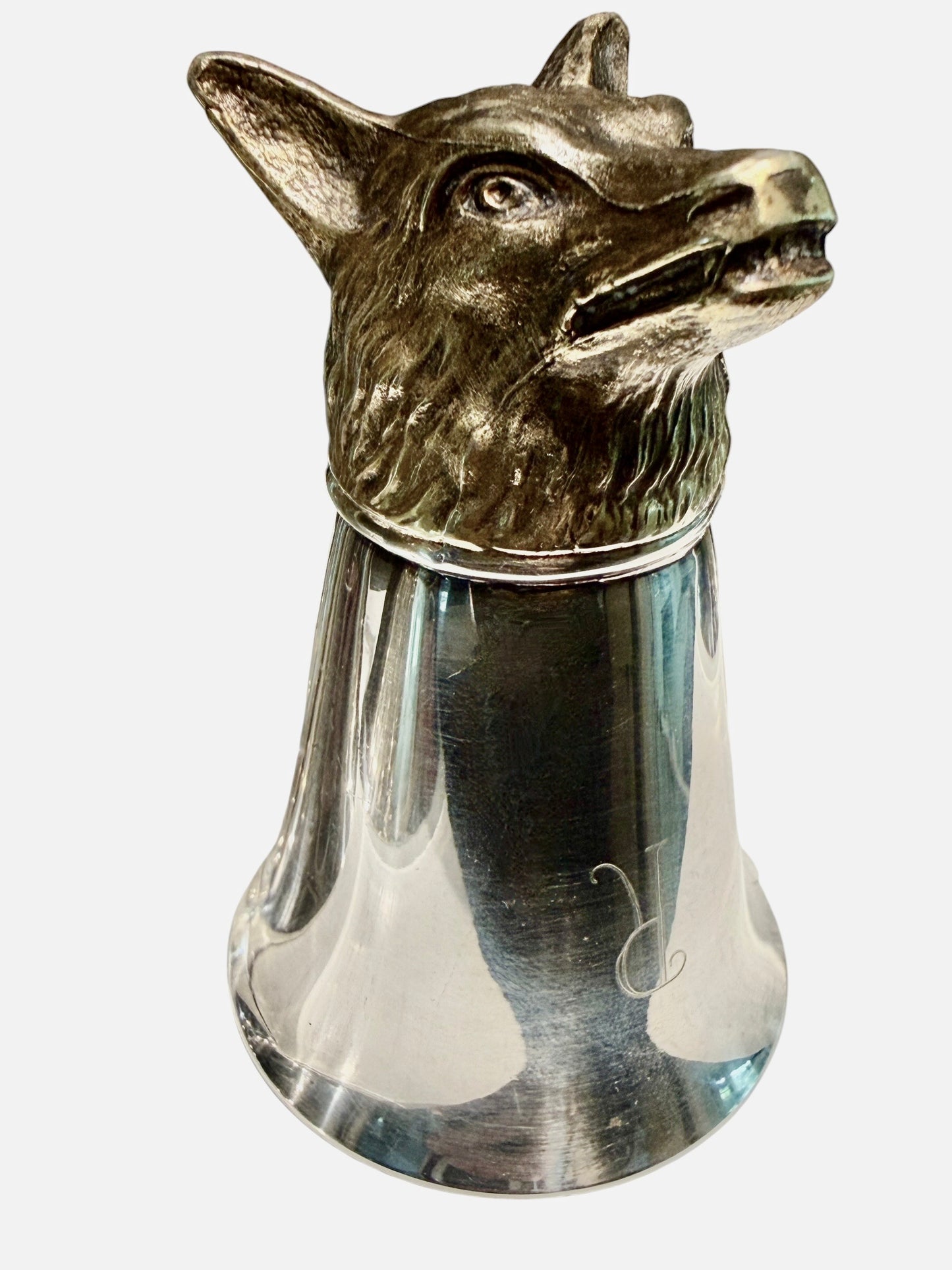 Vintage Set of 5 Silver Fox Head Stirrup Cups & Jigger from Historic Raizman Polo Estate