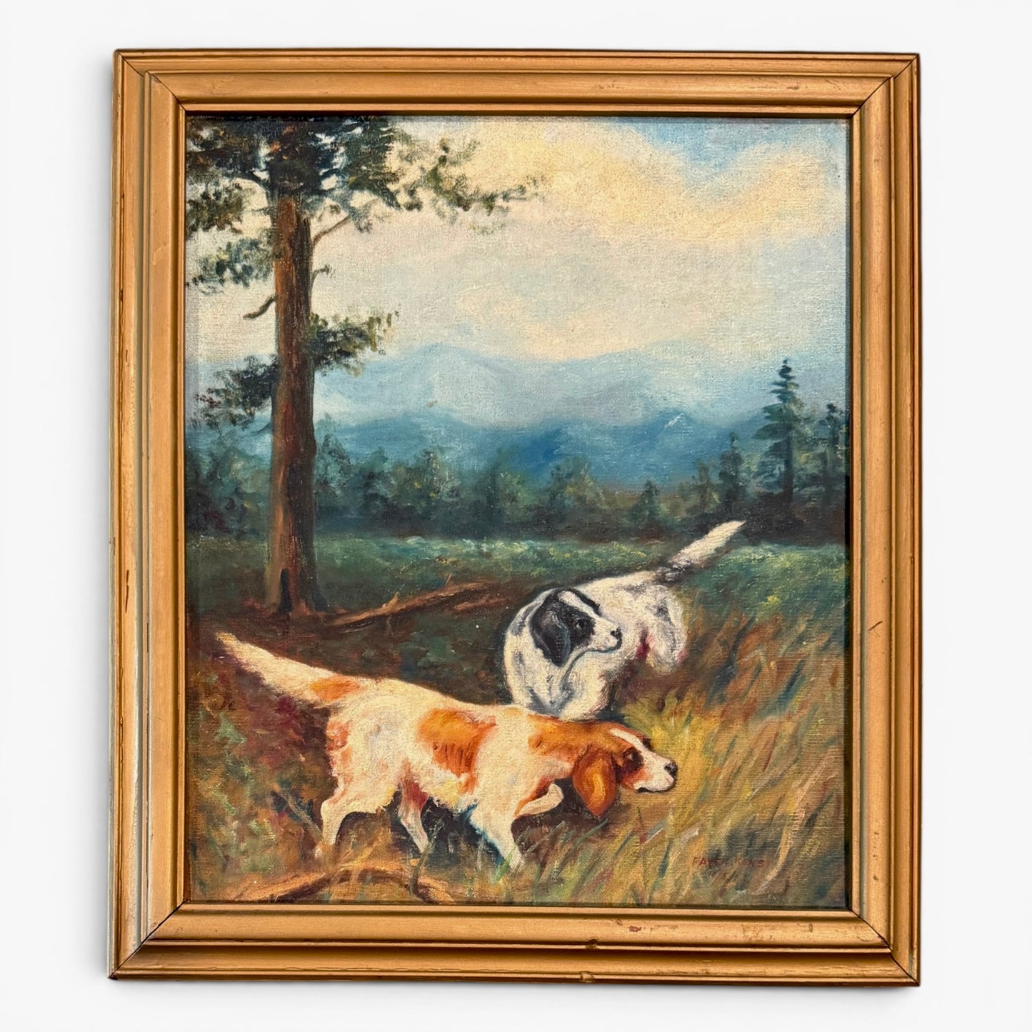 c.1934 Original Oil Painting of Hunting Dogs in Landscape - Signed