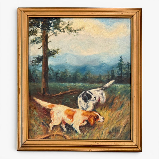c.1934 Original Oil Painting of Hunting Dogs in Landscape - Signed