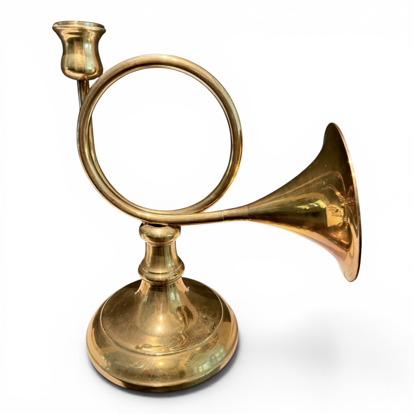 Antique English Solid Brass Hunt Horn Candelabra