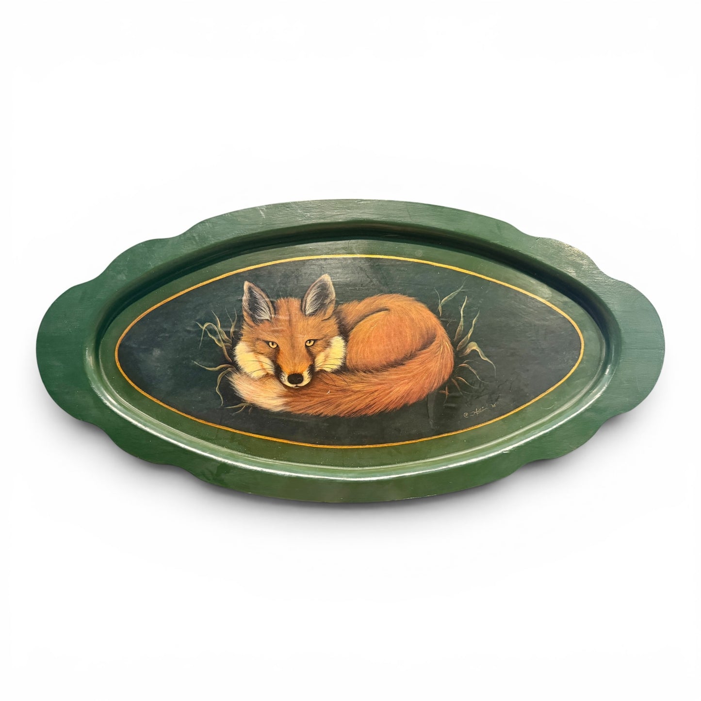 Antique Hand Painted Wooden Oval Fox Butler's Tray