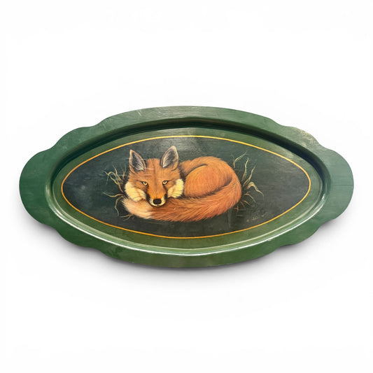 Antique Hand Painted Wooden Oval Fox Butler's Tray