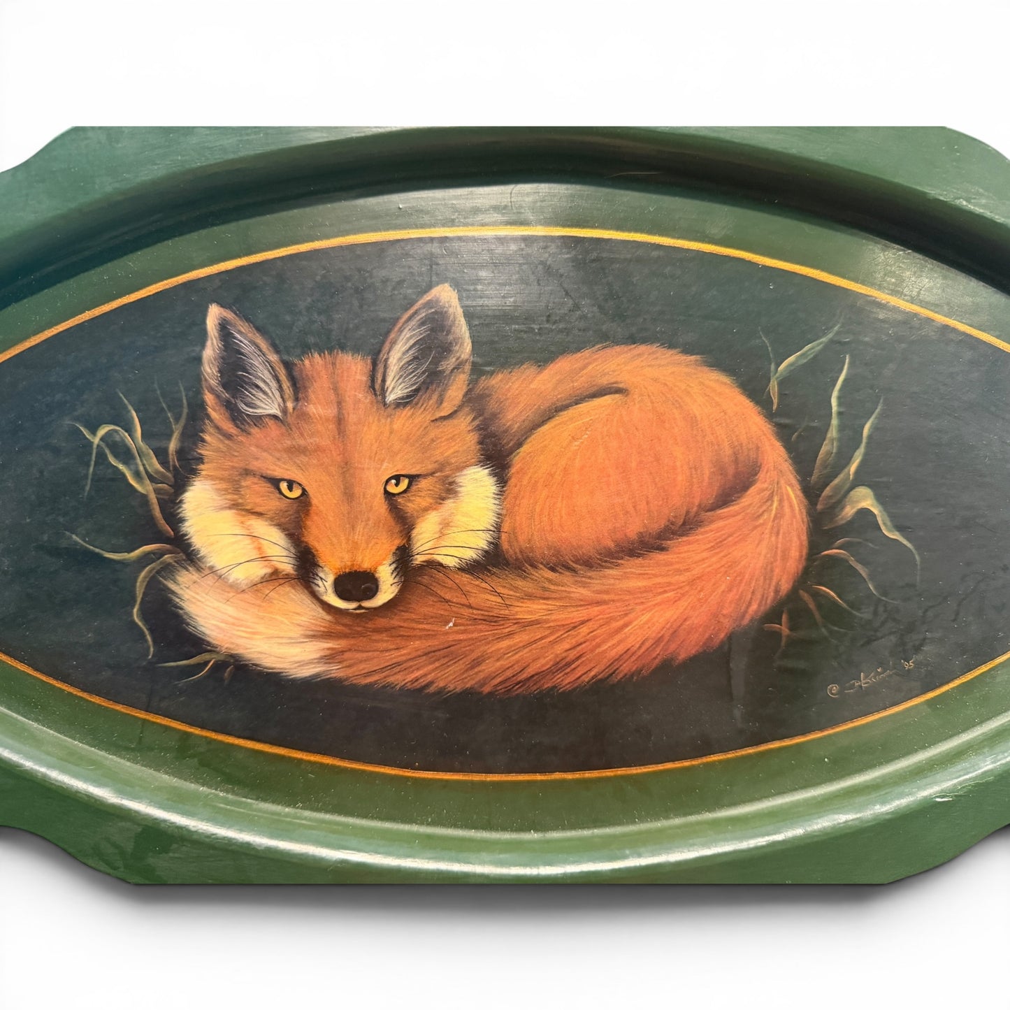 Antique Hand Painted Wooden Oval Fox Butler's Tray