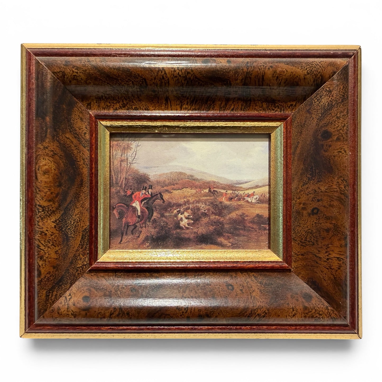 Vintage Belgian Fox Hunting Print Under Glass — Traditional English Hunt Scene, Framed