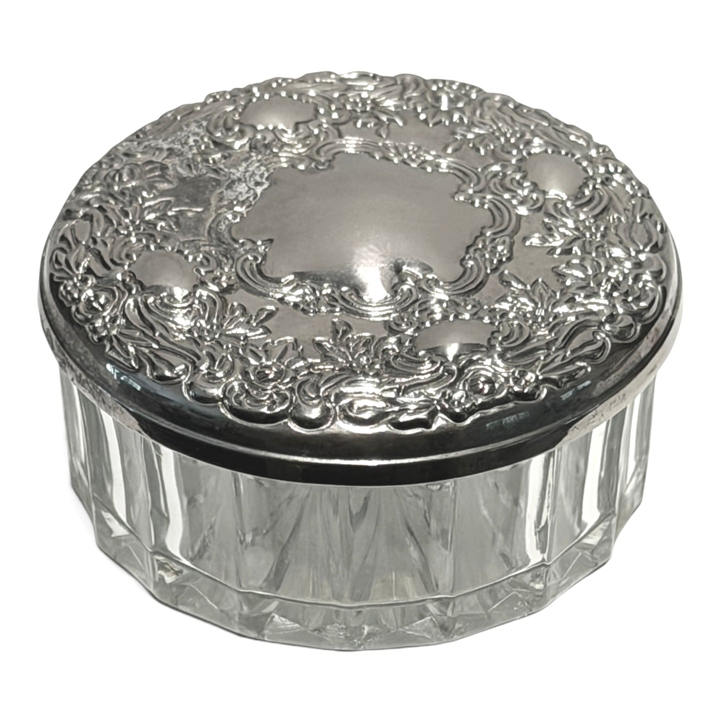 Vintage Victorian Bouquets Silver & Glass Mirrored Vanity Powder Box