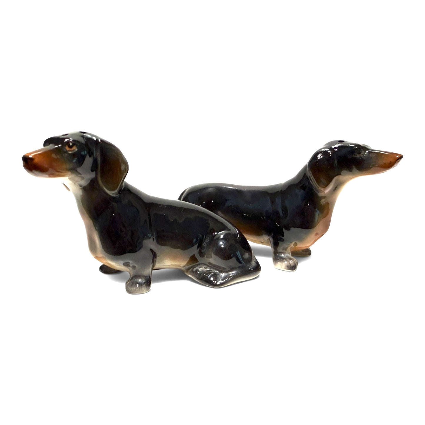Vintage Porcelain Black & Tan Dachshund Salt & Pepper Shakers - Pair