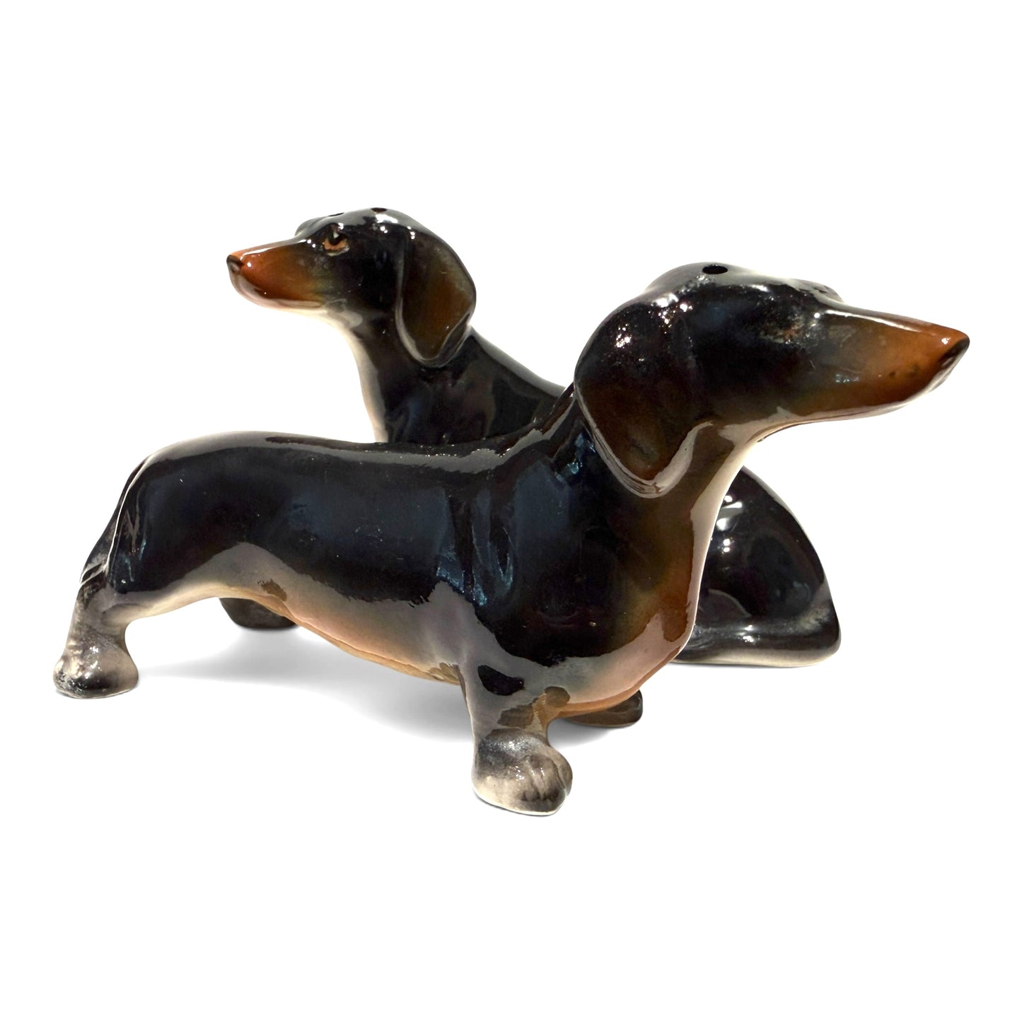 Vintage Porcelain Black & Tan Dachshund Salt & Pepper Shakers - Pair
