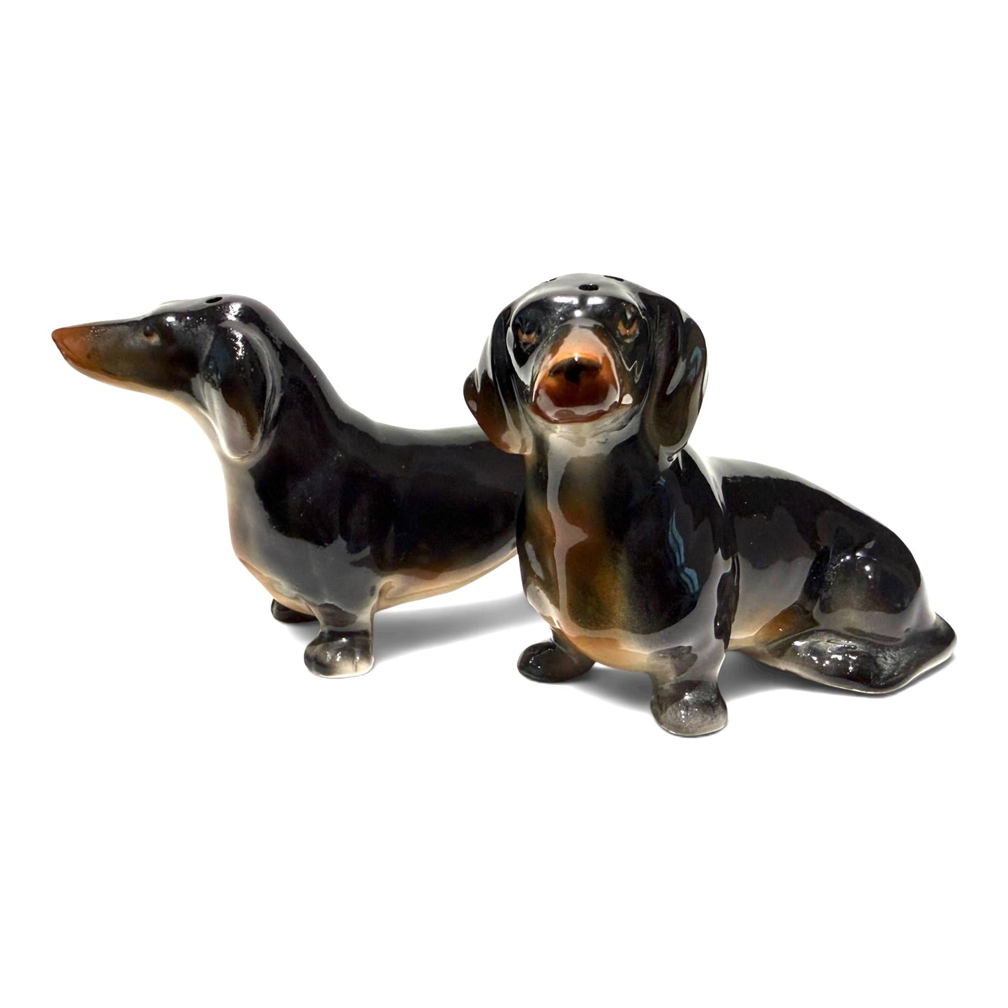 Vintage Porcelain Black & Tan Dachshund Salt & Pepper Shakers - Pair