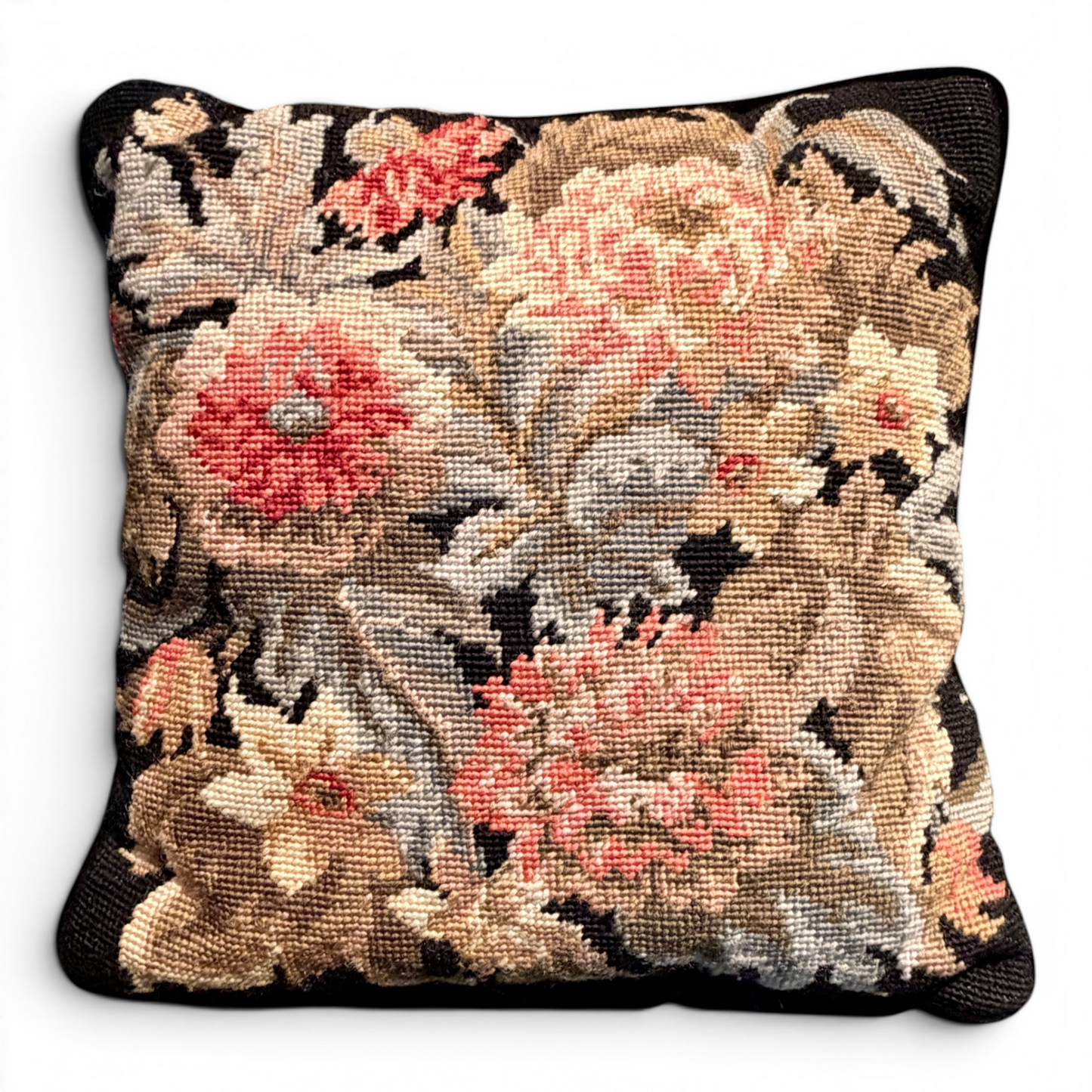 Antique Needlepoint Botanical Accent Pillow with Velvet Backing - Pair Available