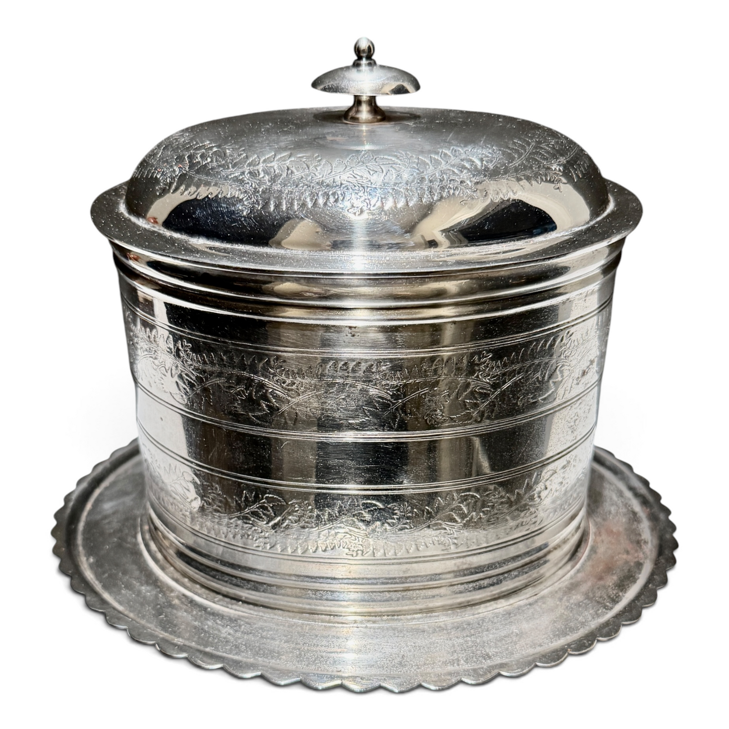 Antique Silver Engraved Biscuit Barrel with Hinged Lid & Scalloped Base