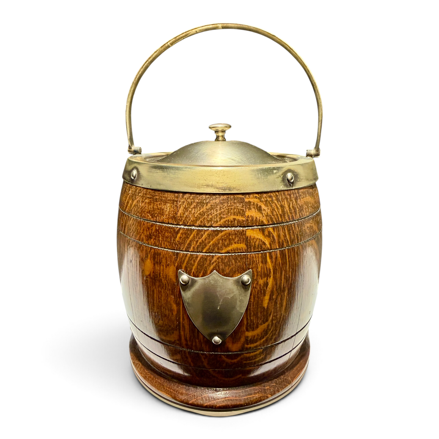 Antique English Oak Biscuit Barrel with Ceramic Liner