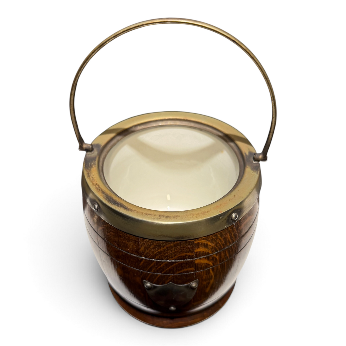 Antique English Oak Biscuit Barrel with Ceramic Liner