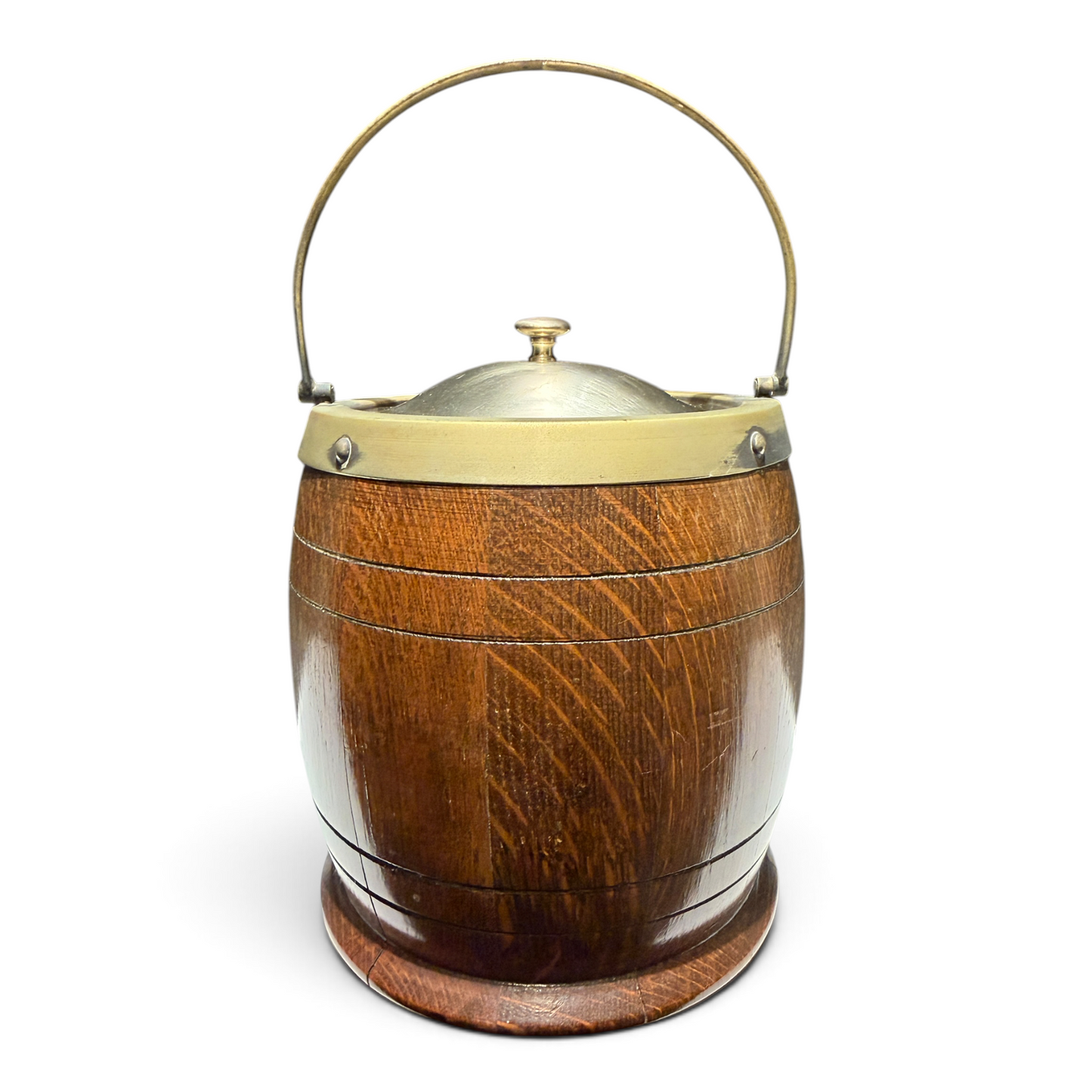 Antique English Oak Biscuit Barrel with Ceramic Liner