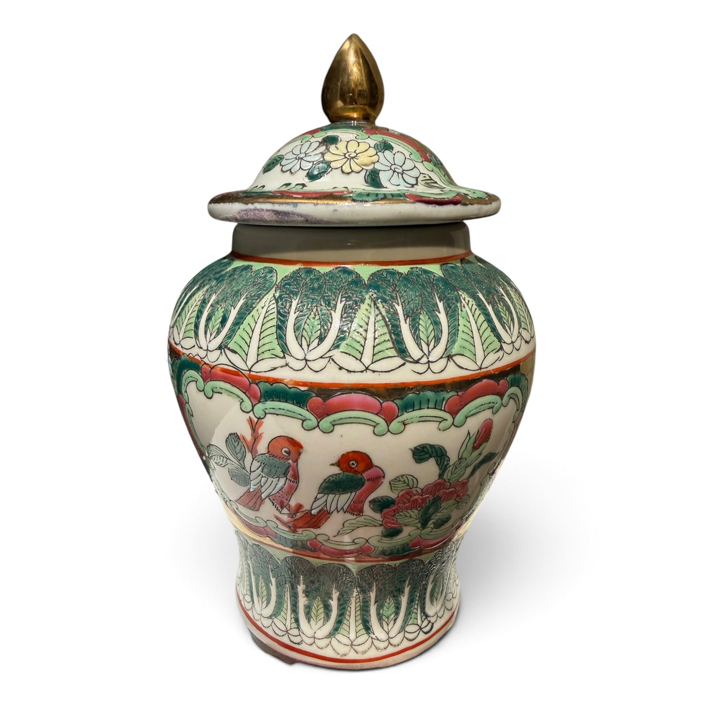 Antique Chinese Rose Canton Covered Jar with Bird & Peony Motif