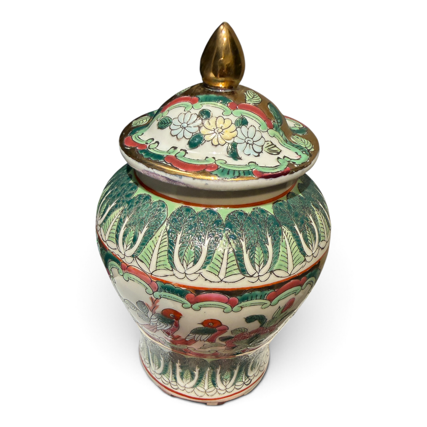 Antique Chinese Rose Canton Covered Jar with Bird & Peony Motif
