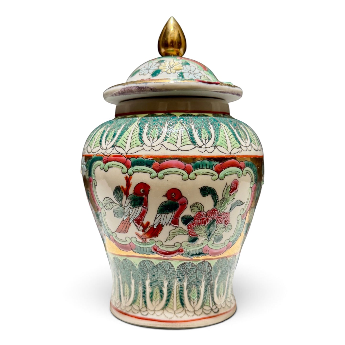 Antique Chinese Rose Canton Covered Jar with Bird & Peony Motif